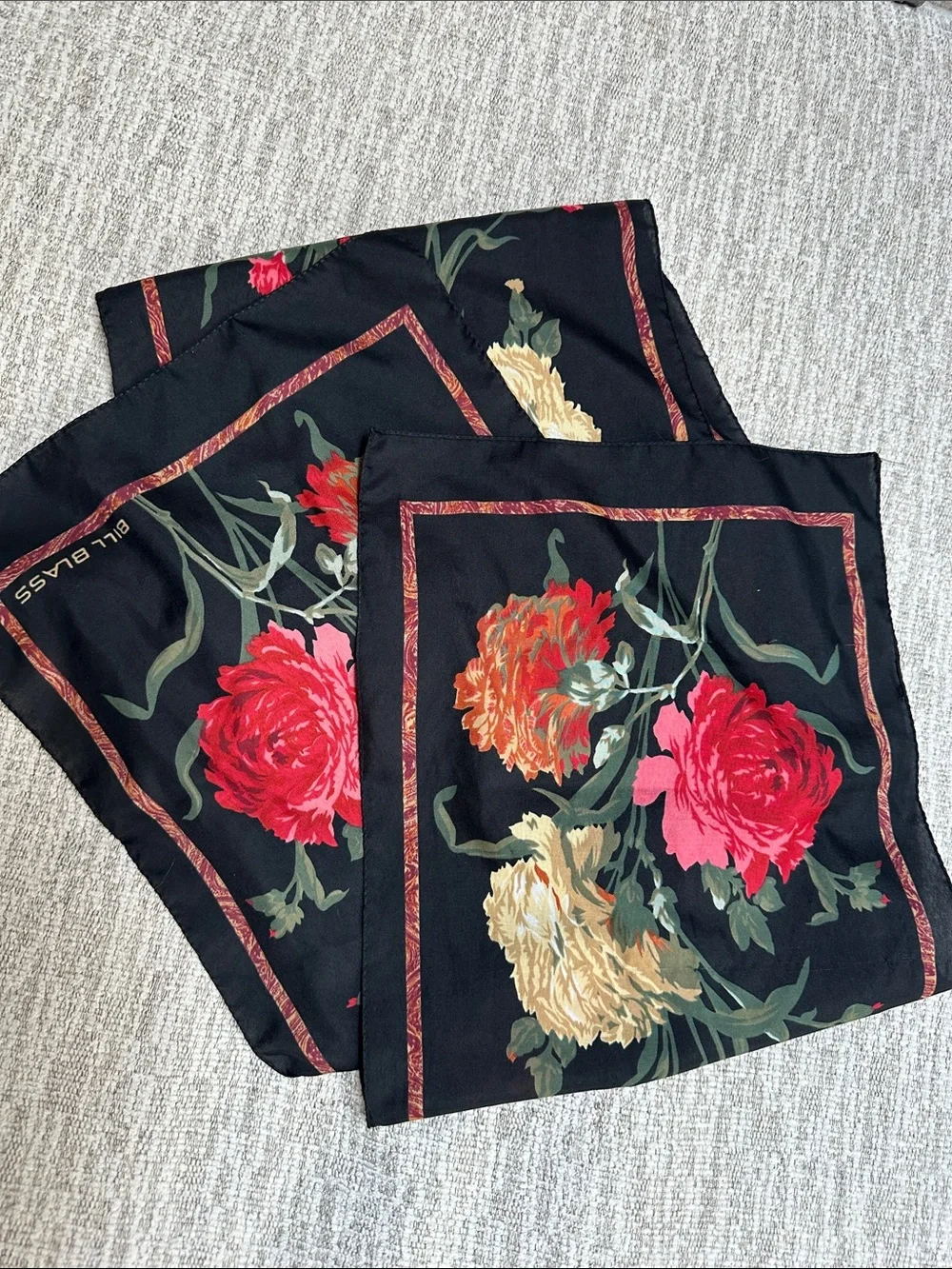 bill blass Black Silk Scarf with Red and Gold Floral Print